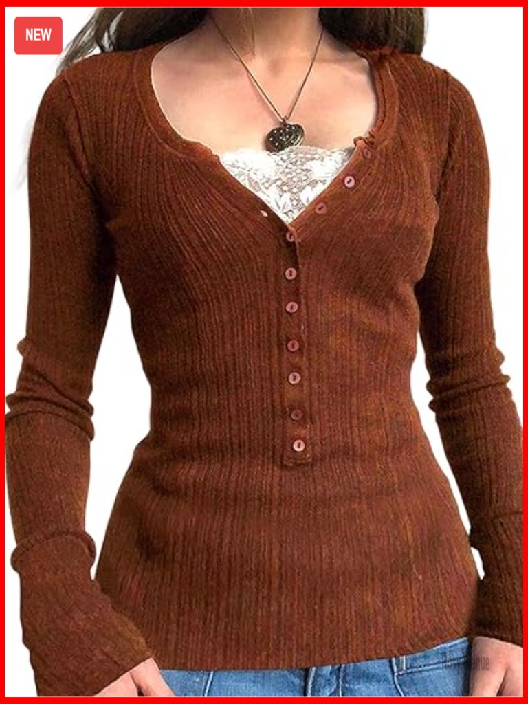 Long Sleeve Henley Shirts For Women - V Neck Button Ribbed Knit Top Slim Fit